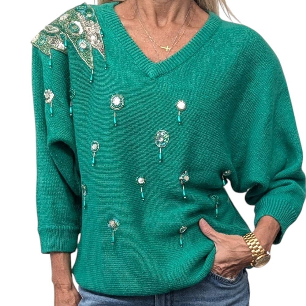 Vintage Marina Embellished Green Beaded Sweater 80s Glam Statement L